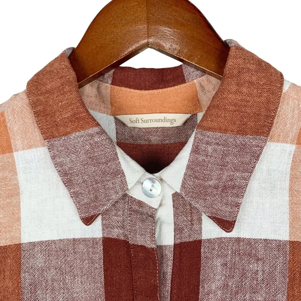 Soft Surroundings Carreaux Shirt Button Front Plaid Linen Blend Zipper Women’s M - Picture 3 of 9